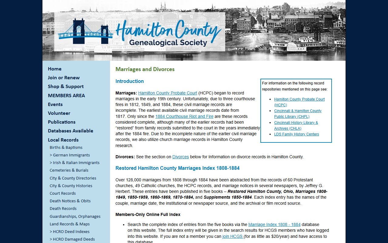 Cincinnati marriage records Hamilton County Genealogical Society database
