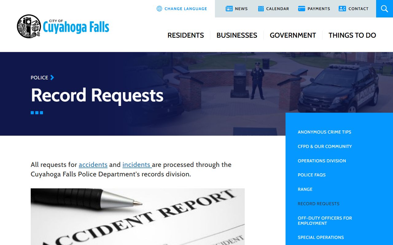 City of Cuyahoga Falls public records request page for Cuyahoga Falls marriage records