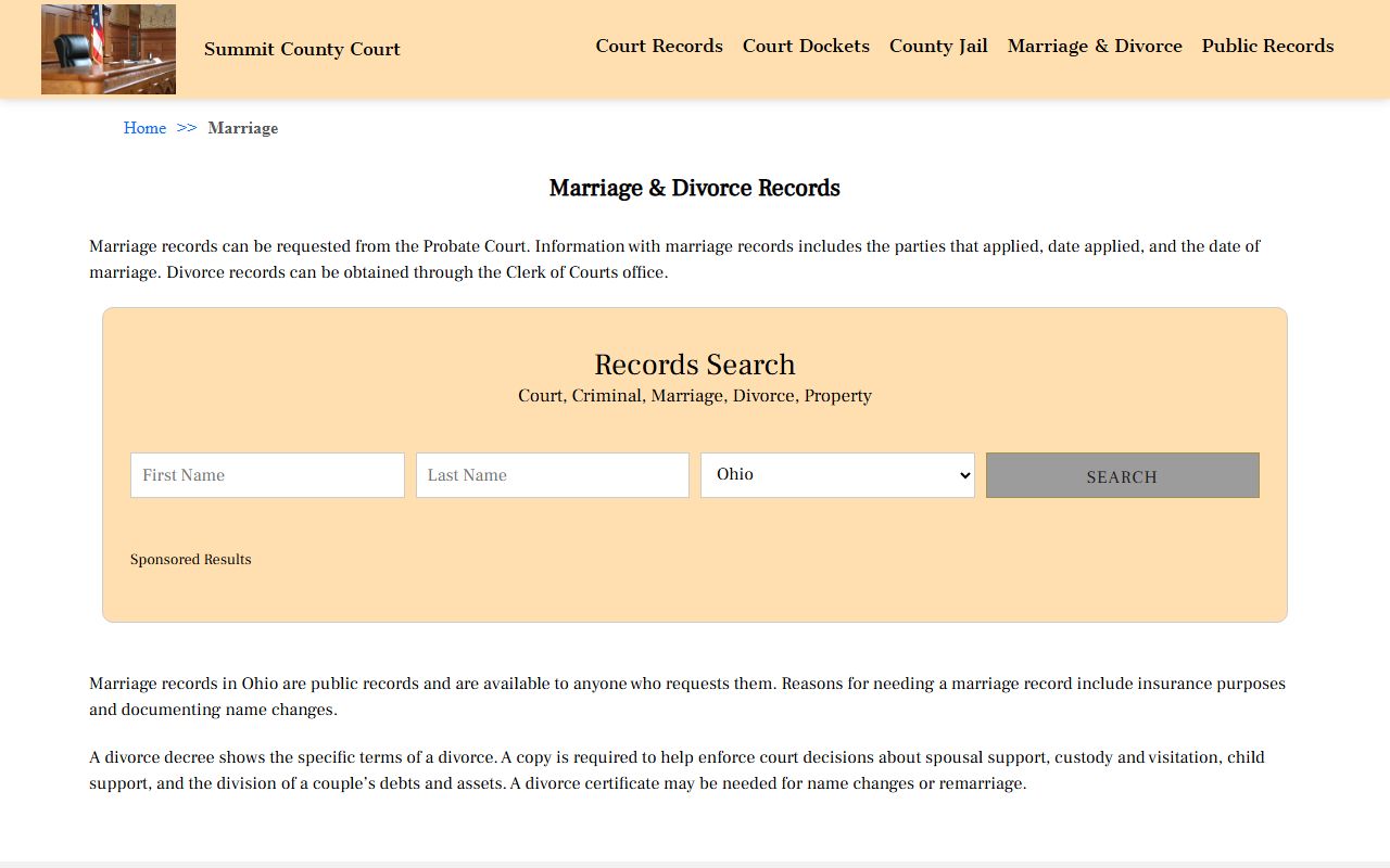 Summit County Court marriage records page for Cuyahoga Falls marriage records