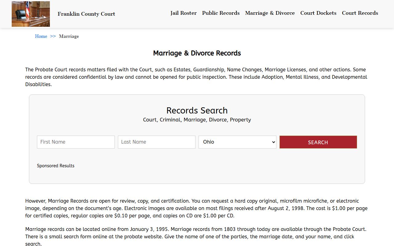 Dublin marriage records Franklin County Court marriage and divorce records page