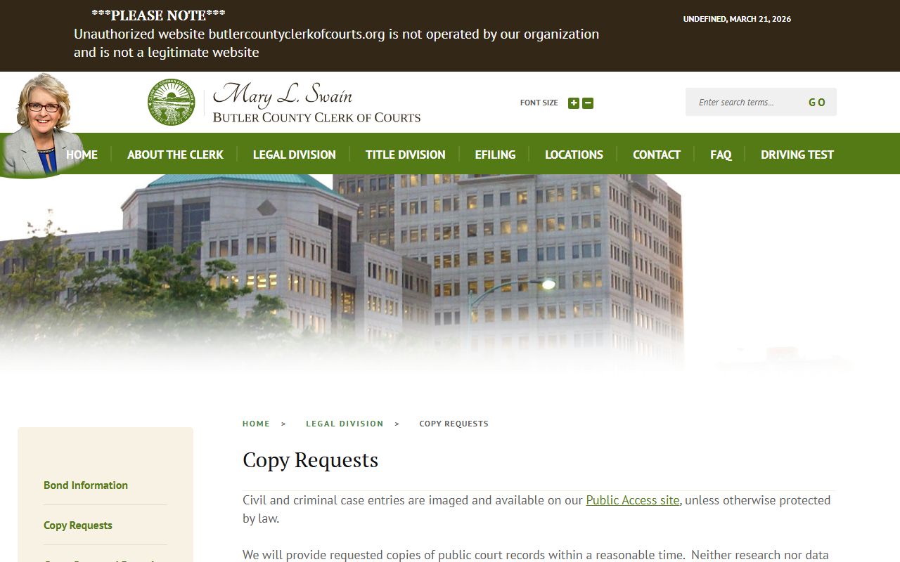 Fairfield marriage records Butler County Clerk of Courts copy request page