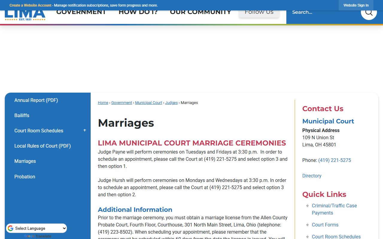 Lima marriage records City of Lima marriages page with ceremony information