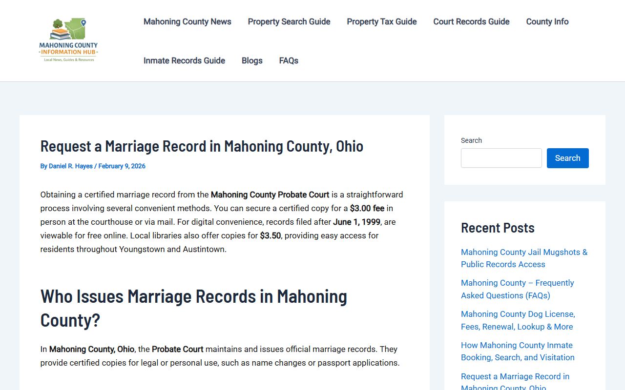 Youngstown marriage records Mahoning County Probate Court information