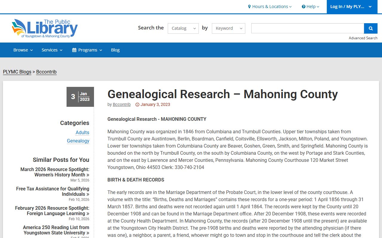 Youngstown marriage records Public Library genealogical research
