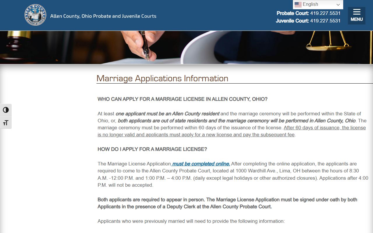 Allen County Probate Court marriage applications page