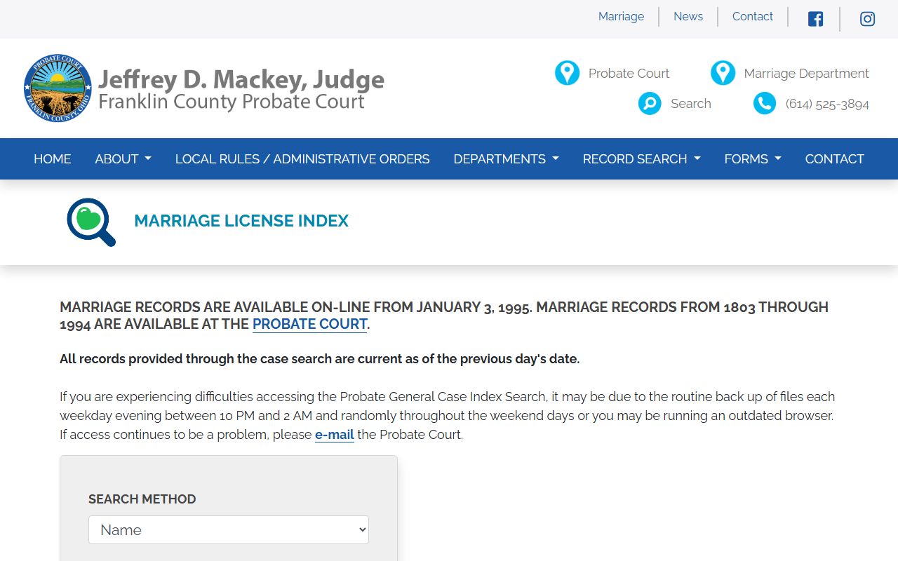 Franklin County Marriage License Index search tool