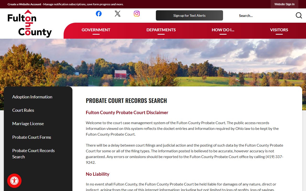 Fulton County Probate Court page for marriage records in Wauseon Ohio