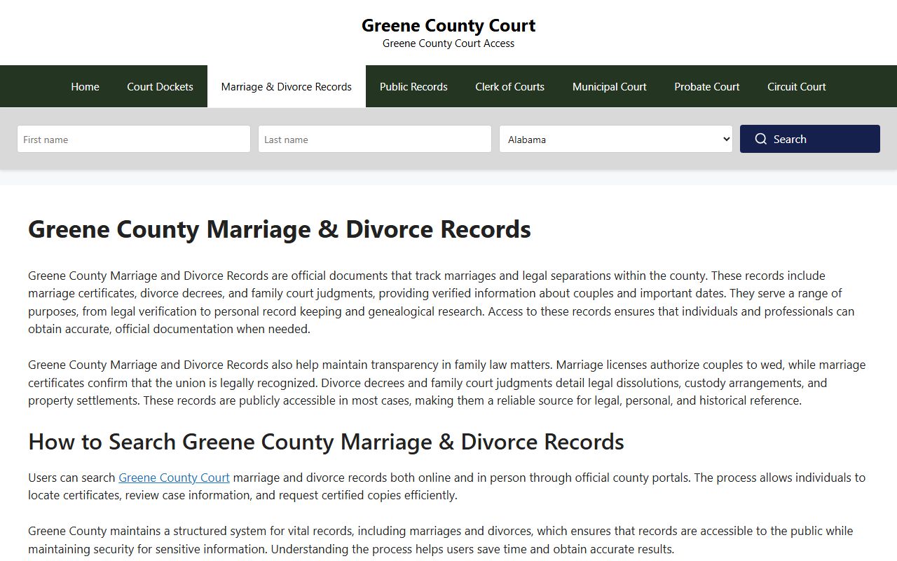 Greene County Courts marriage and divorce records page