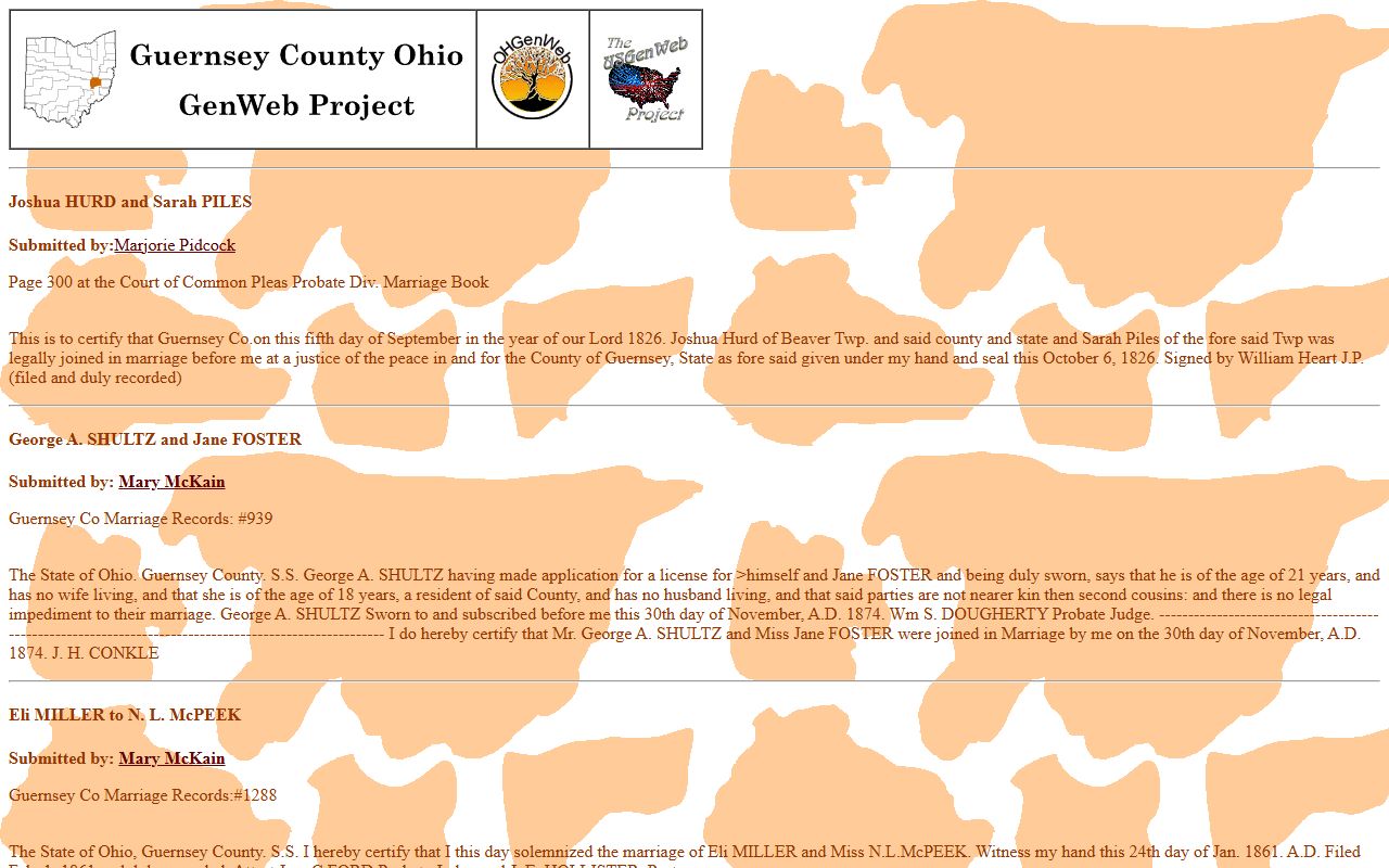 Guernsey County OHGenWeb marriage records page with historical entries