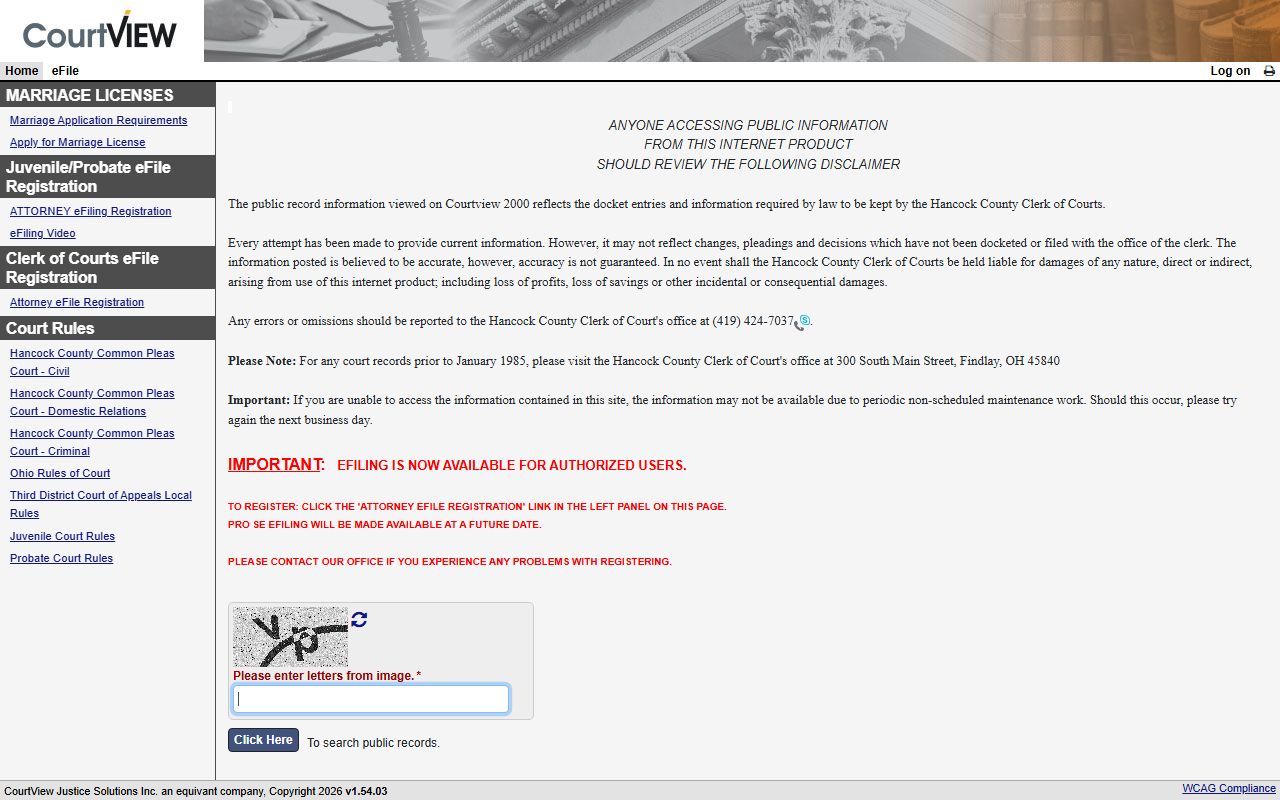 Hancock County Courts welcome page with marriage license search access