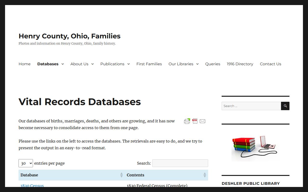 Henry County Families vital records database for marriage records