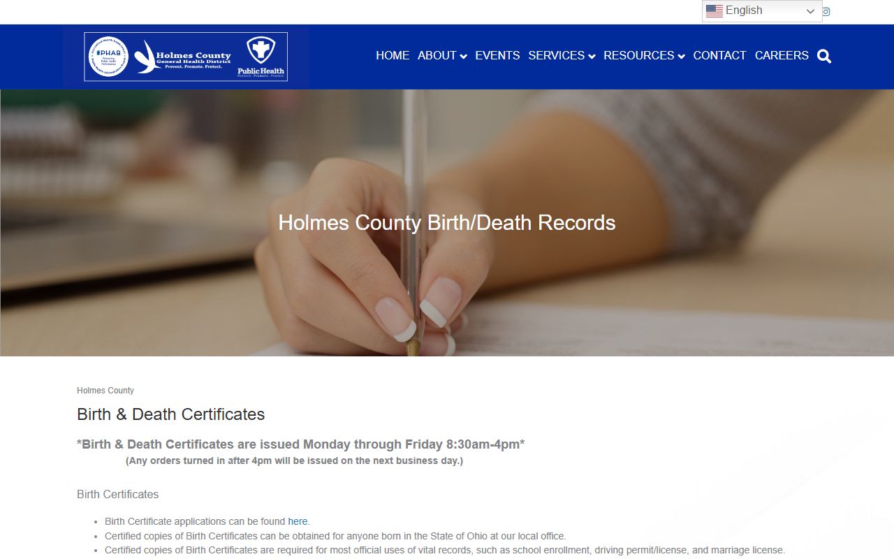 Holmes County Health District vital records page