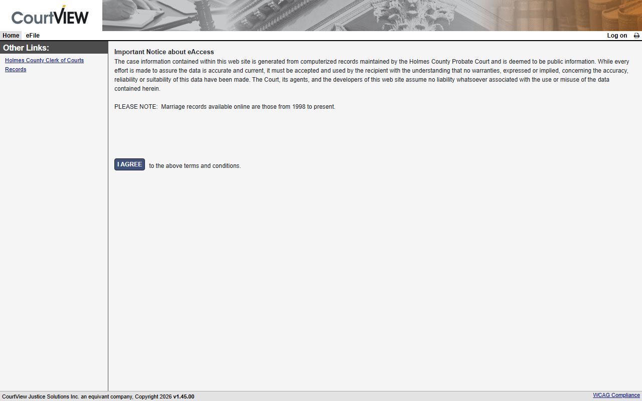 Holmes County Probate eAccess portal for searching marriage records