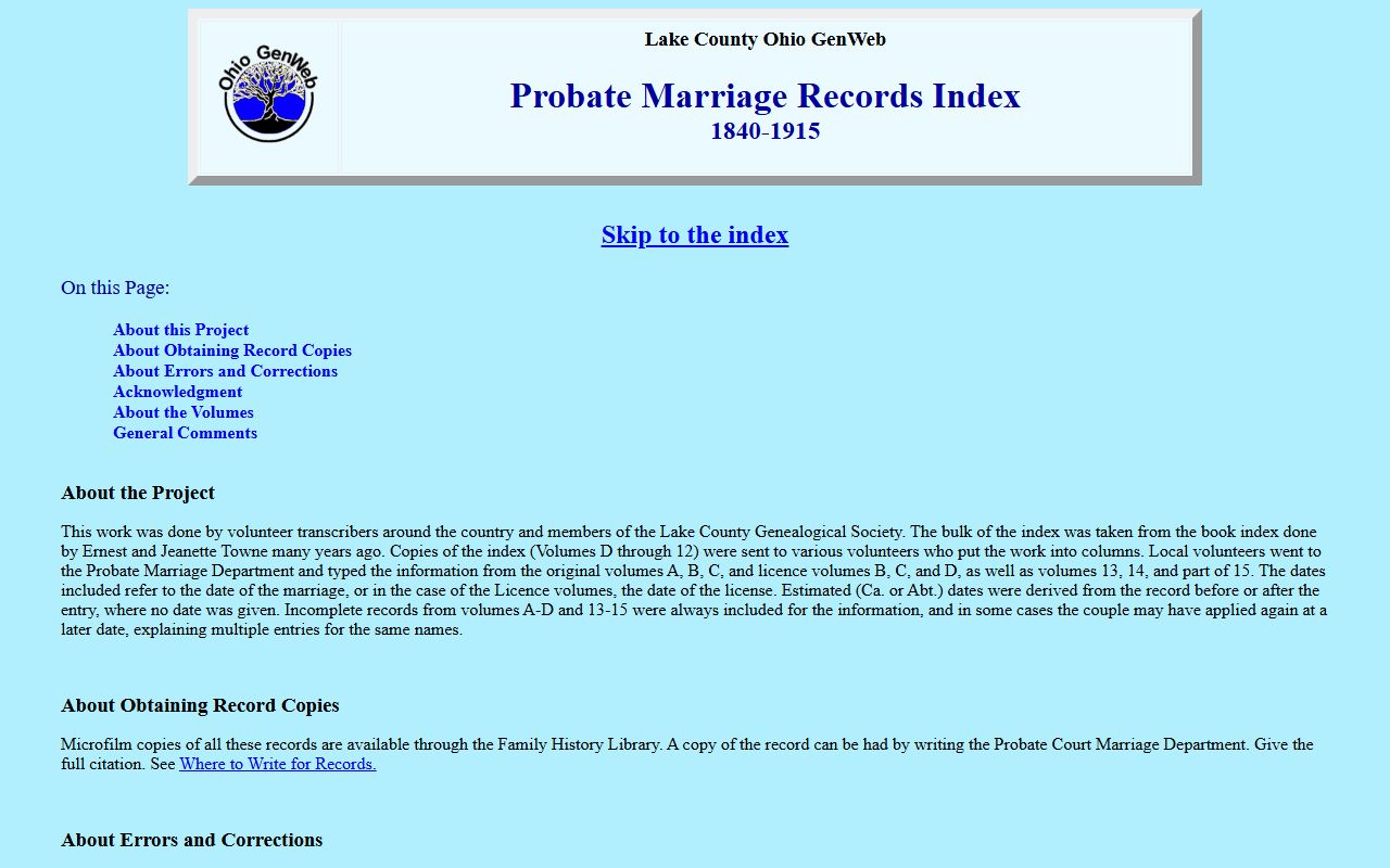 Lake County OHGenWeb volunteer marriage records index