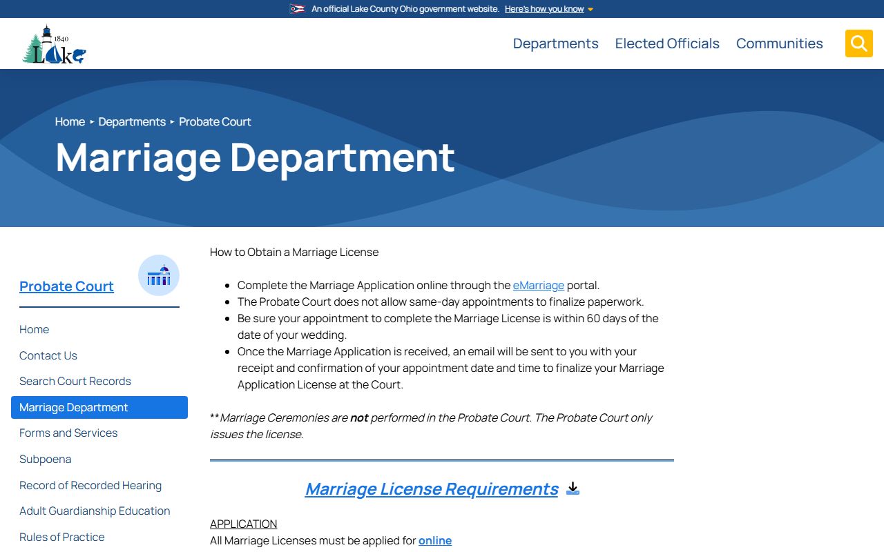 Lake County Probate Court website for marriage records