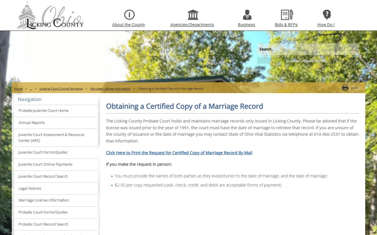 Licking County Probate Court page for obtaining marriage record copies