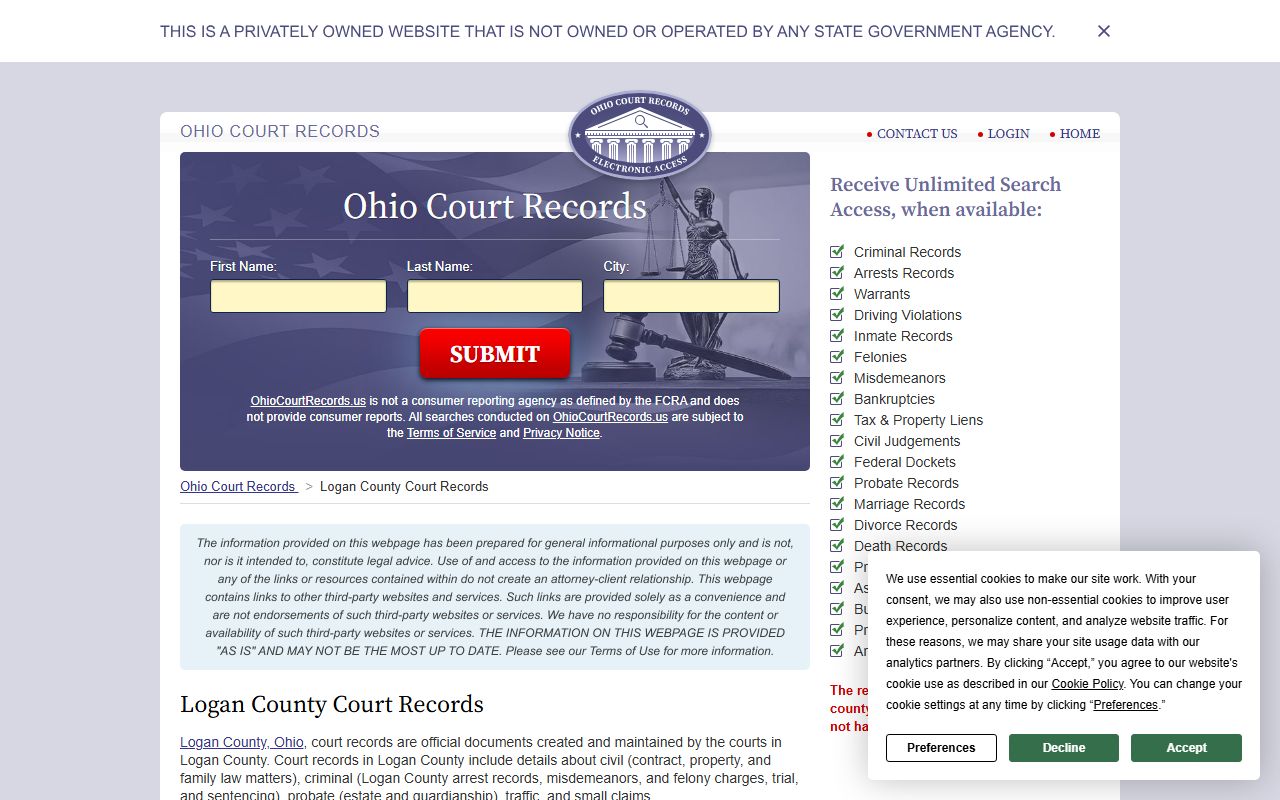 Ohio Court Records page for Logan County marriage records