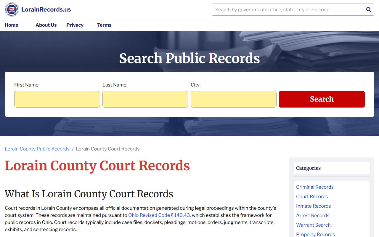 Lorain County Records court records page listing Probate Division