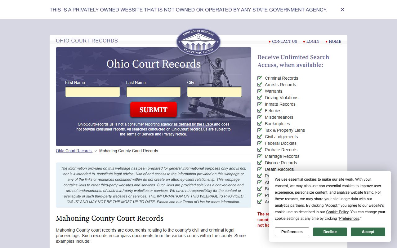 Ohio Court Records page for Mahoning County Probate Court