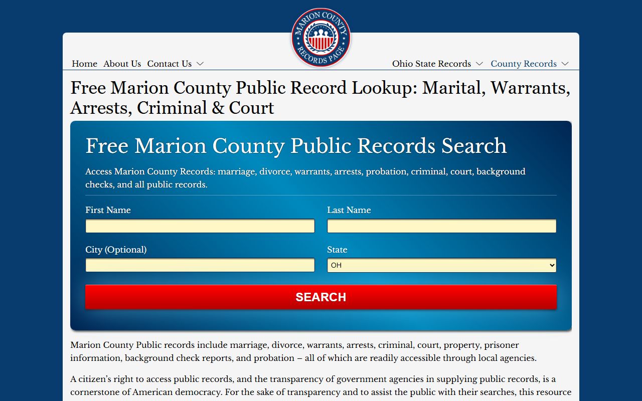 Marion County Records Page with court contact information