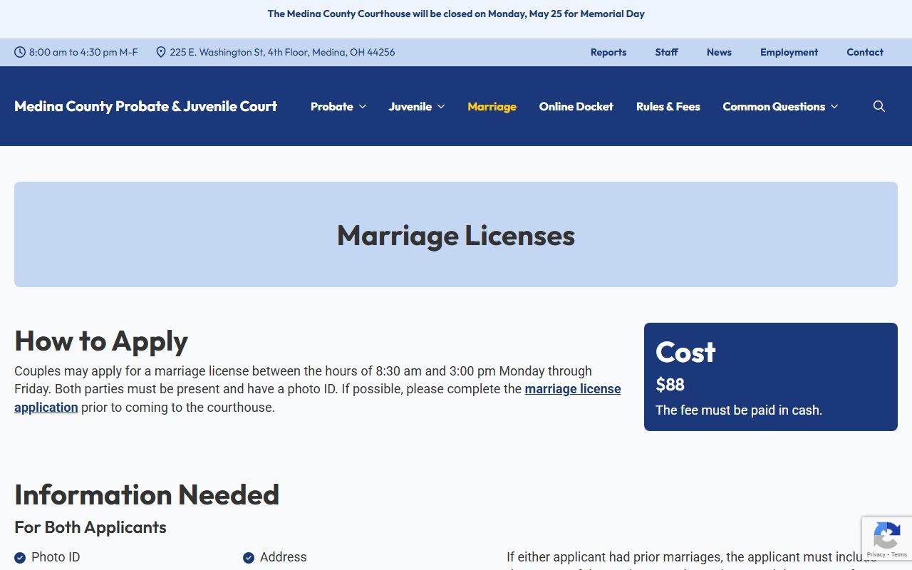 Medina County Probate Court marriage license and records page