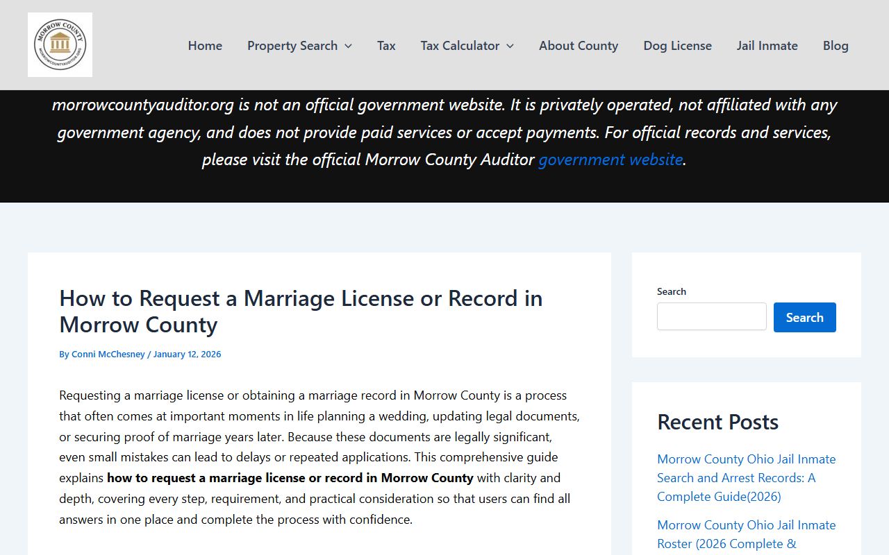 Morrow County Auditor marriage license and records page