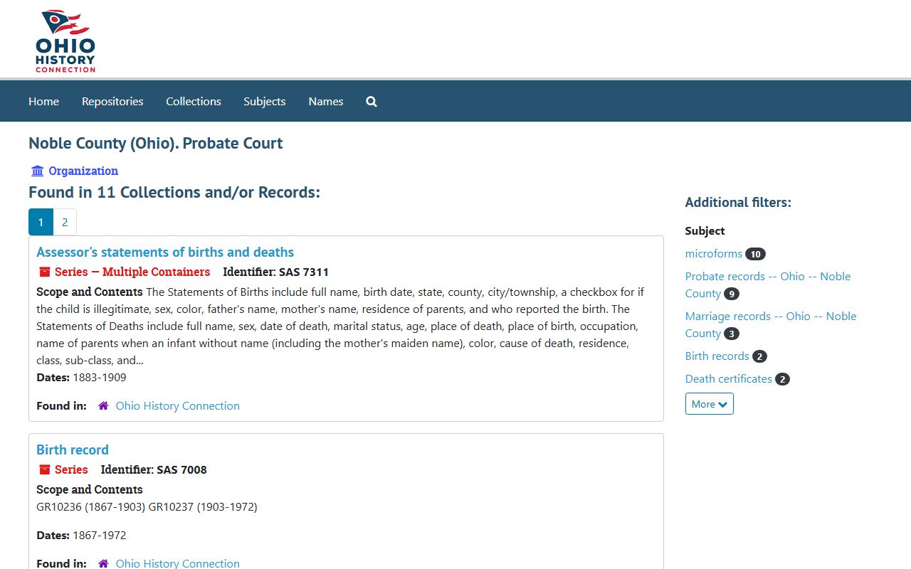 Ohio History Connection ArchivesSpace listing for Noble County Probate Court