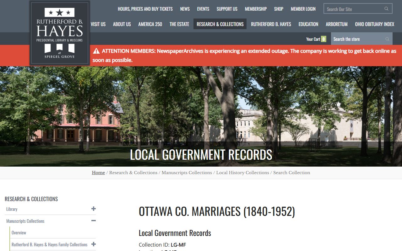 Rutherford B. Hayes Library Ottawa County marriage records collection from 1840 to 1952