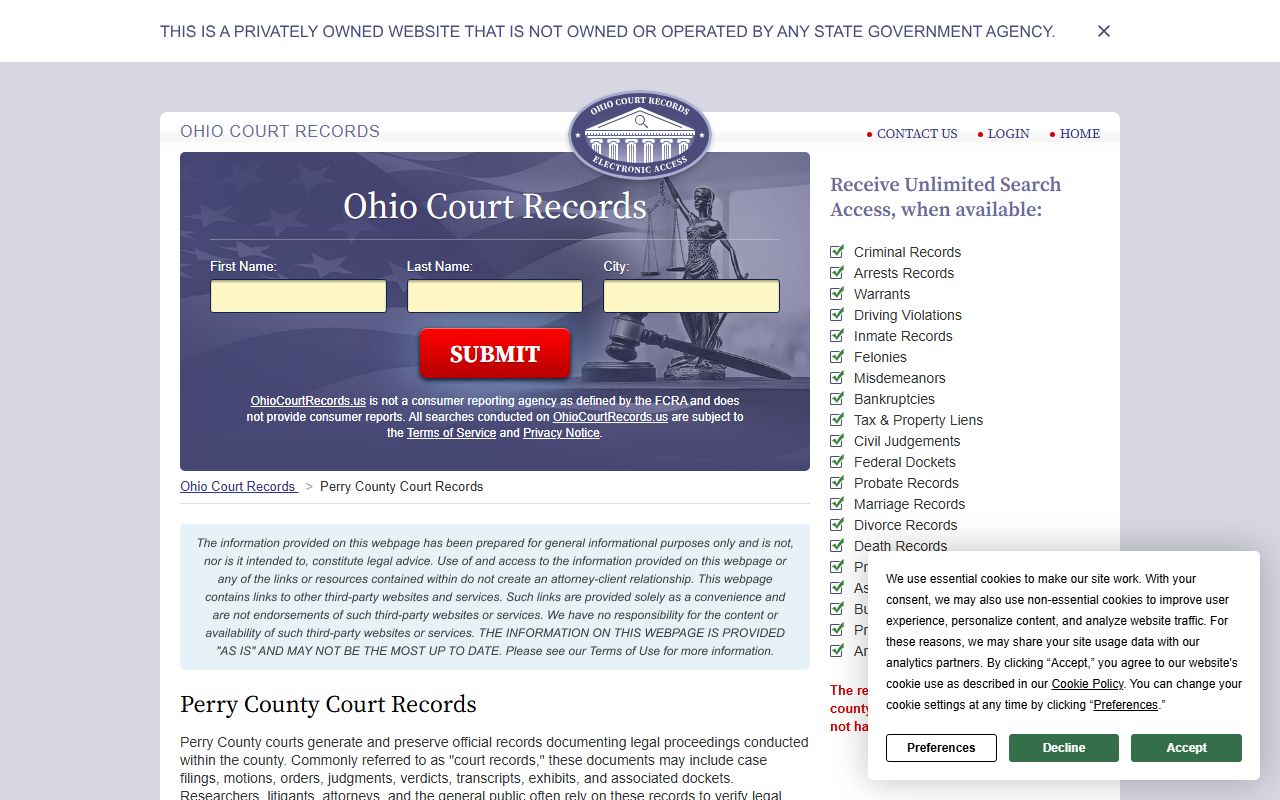 Ohio Court Records Perry County search page
