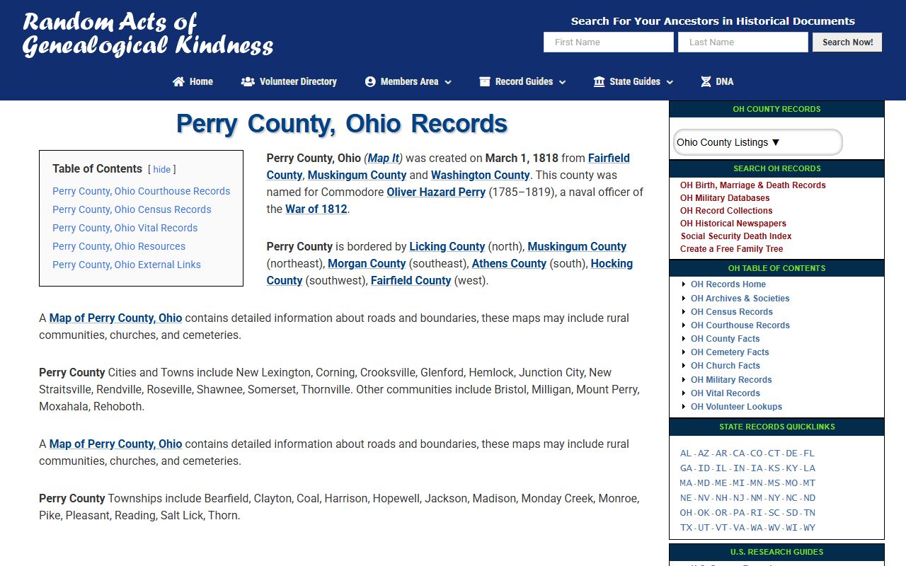 Random Acts of Genealogical Kindness Perry County volunteer lookup page