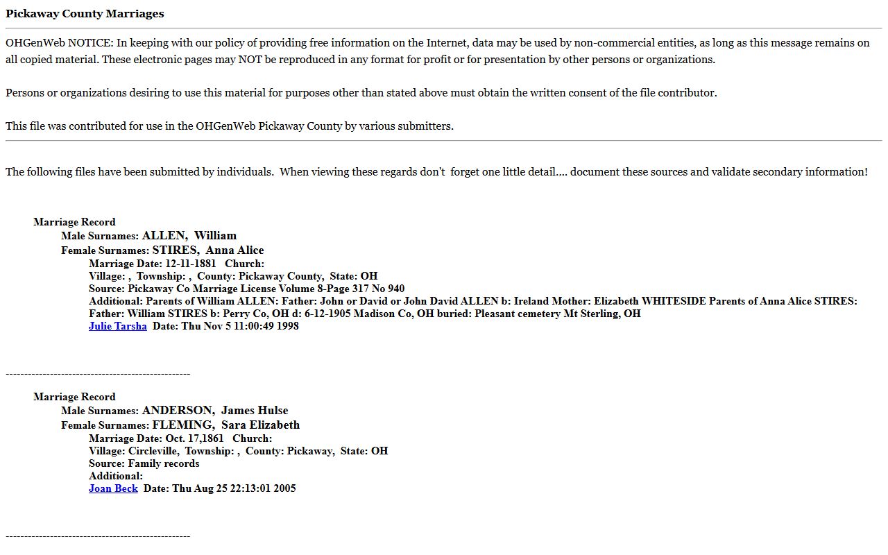 Pickaway County OHGenWeb marriage database with submitted records