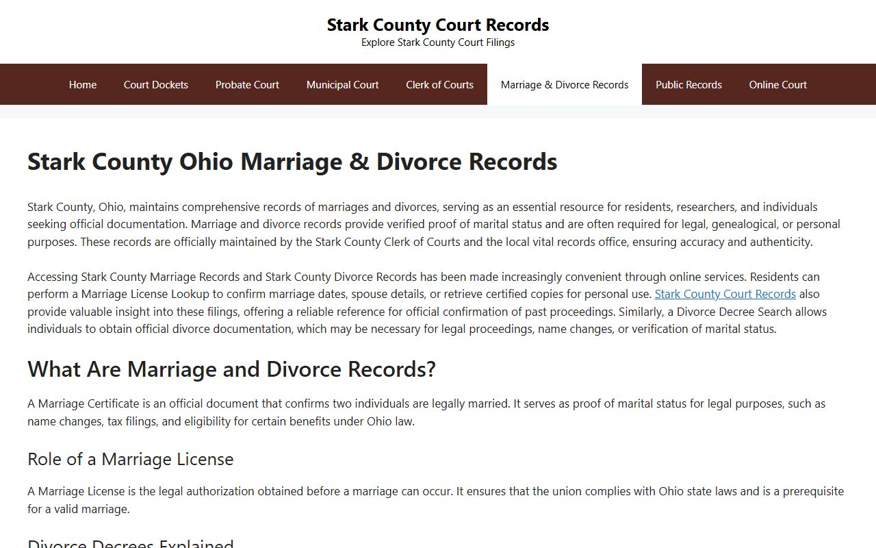 Stark County Courts marriage and divorce records page