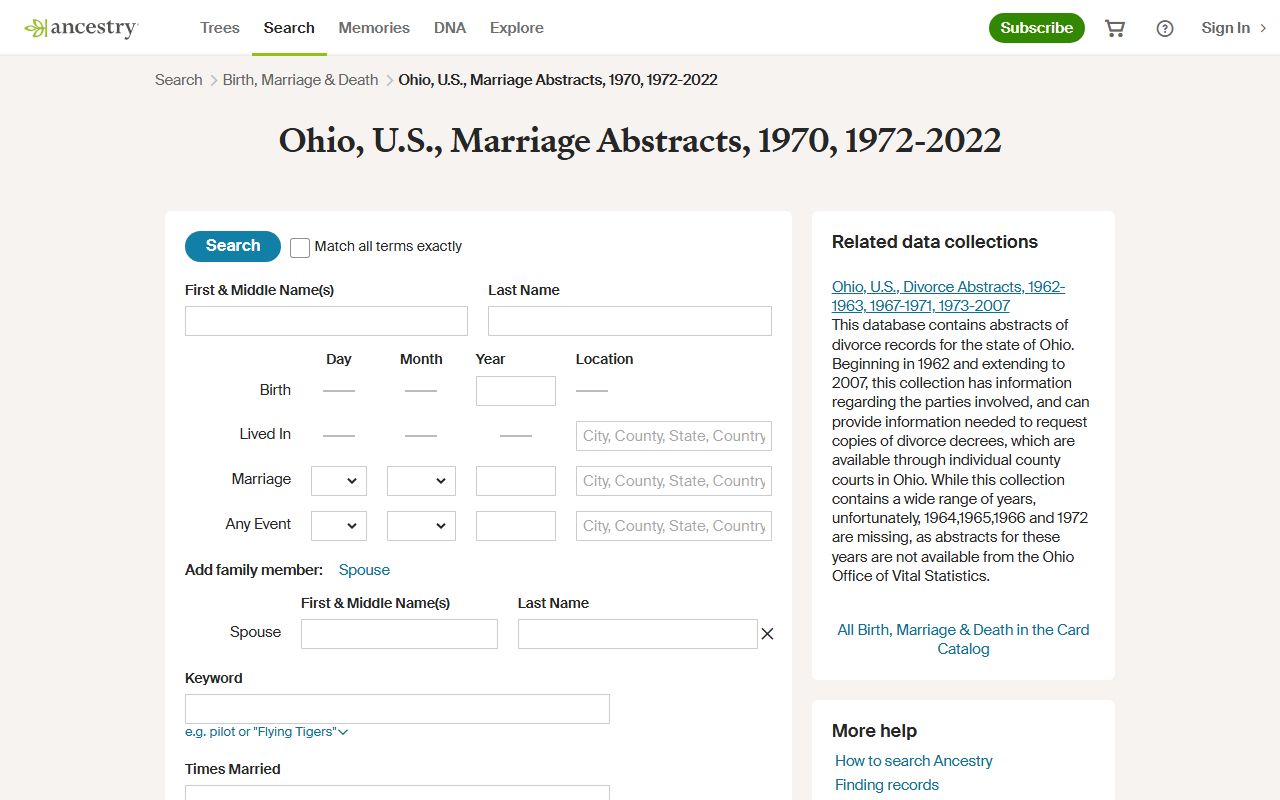 Ancestry Ohio marriage index search page for Ohio marriage records