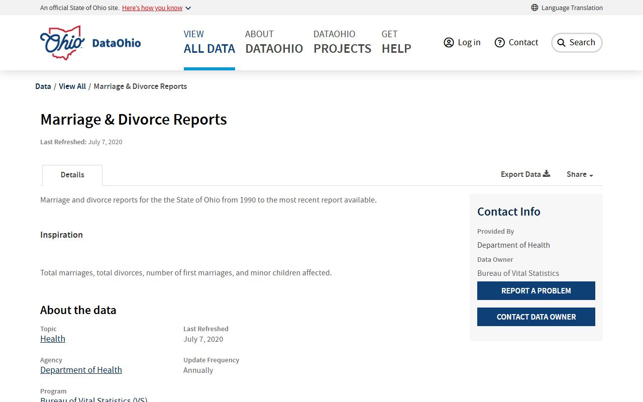DataOhio portal showing marriage and divorce reports for Ohio marriage records