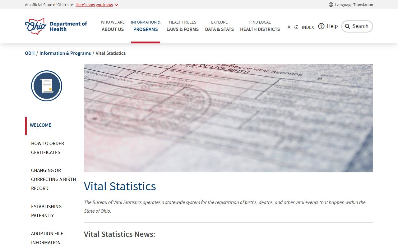 Ohio Department of Health vital statistics page for Ohio marriage records